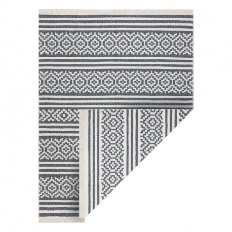 Carpet TWIN 22996 geometric, stripes cotton, double-sided, Ecological fringes - anthracite / cream 60x90 cm - Isotmatot.fi