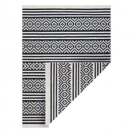 Carpet TWIN 22996 geometric, stripes cotton, double-sided, Ecological fringes - black / cream 60x90 cm - Isotmatot.fi