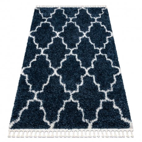 UNION matto 3488 ristikko sininen/valkea hapsuilla marokkolainen pehmeä/shaggy 80x150 cm - Isotmatot.fi